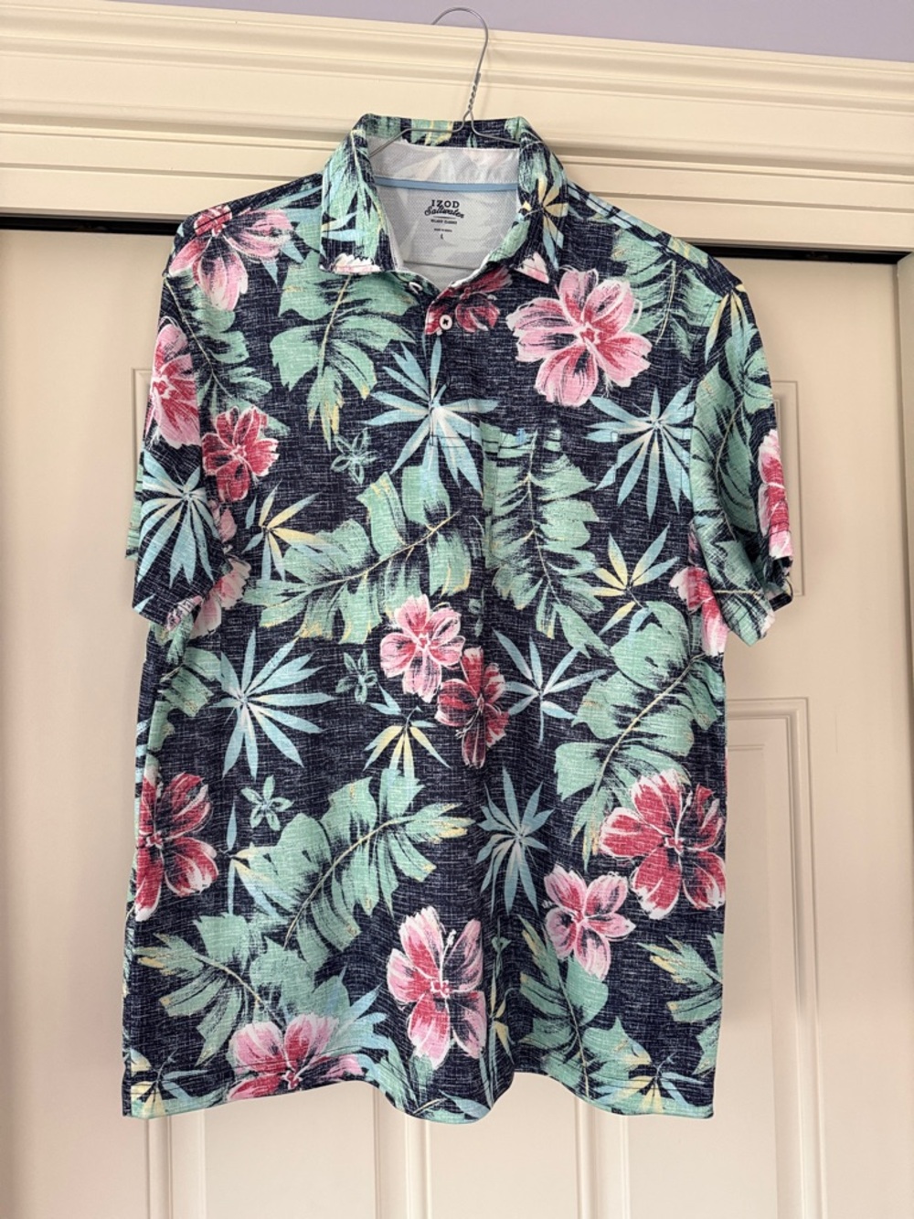 Izod Navy Polo with Pink & Green Tropical Hibiscus Print size large